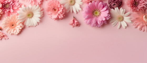 Top view pink flowers composition over pastel background with copy space
