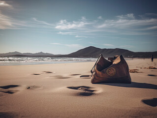 Leather bag on the tropical beach.
