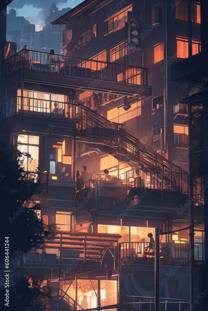 Poster a building with a lot of windows and stairs. generative ai image.