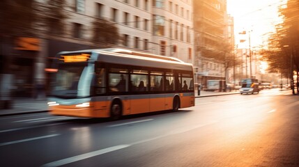 Naklejka na ściany i meble driving bus in city traffic in motion blur