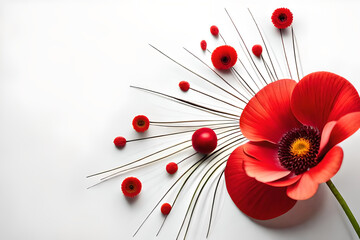 Top view, Red poppy head on white background, flat lay