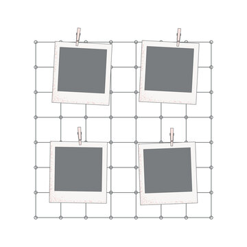 Metal wall grid photo template, display board. Square photo picture frames. Organizer memories, mood board in decor interior vector illustration
