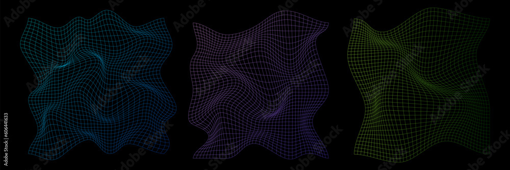 Poster distorted neon grid pattern. warped mesh texture. retro punk design elements. wireframe wave geometr