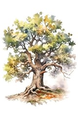 An oak tree watercolor on white background is art. (Generative AI)