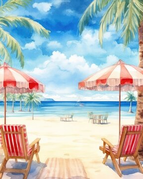 The beautiful beach banner features white sand, chairs, and an umbrella. (Generative AI)