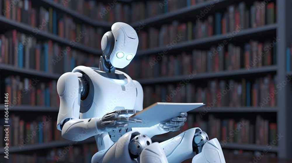 Aufkleber ai humannoid robot reading book in library. artificial intelligence, machine learning, innovation, f