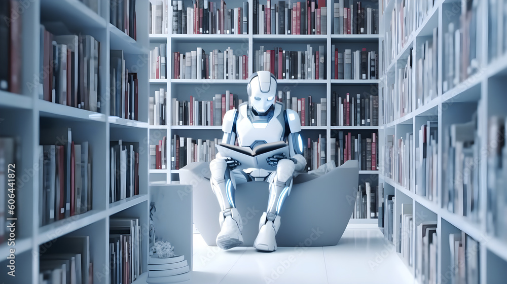 Aufkleber ai robot sitting and reading book in library. artificial intelligence, machine learning, innovation,