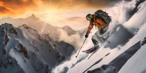 Naklejka na ściany i meble Extreme skier descending down a rocky mountain. Generative AI