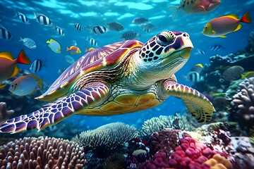 A sea turtle swimming in the ocean surrounded by colorful coral reef and tropical fish, close up shot, summertime, environment, biodiversity concept. Generative AI - obrazy, fototapety, plakaty