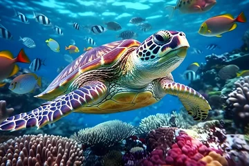 Foto op Canvas A sea turtle swimming in the ocean surrounded by colorful coral reef and tropical fish, close up shot, summertime, environment, biodiversity concept. Generative AI © Sunday Cat Studio
