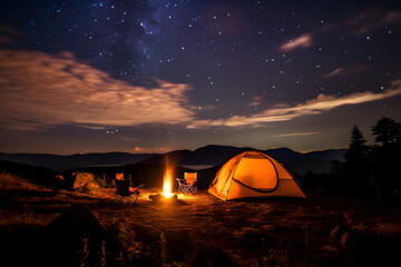 Fototapeta na wymiar Camping activity, camper setting a yellow tent in the moutains, chairs by campfire, beautiful and majestic landscape at night, sky full of stars, Generative AI