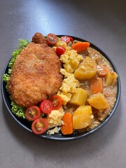 Chicken Katu Don Japanese Curry Rice Carrot Potato Onion Scramble Egg Green Coral Lettuce Black Round Plate