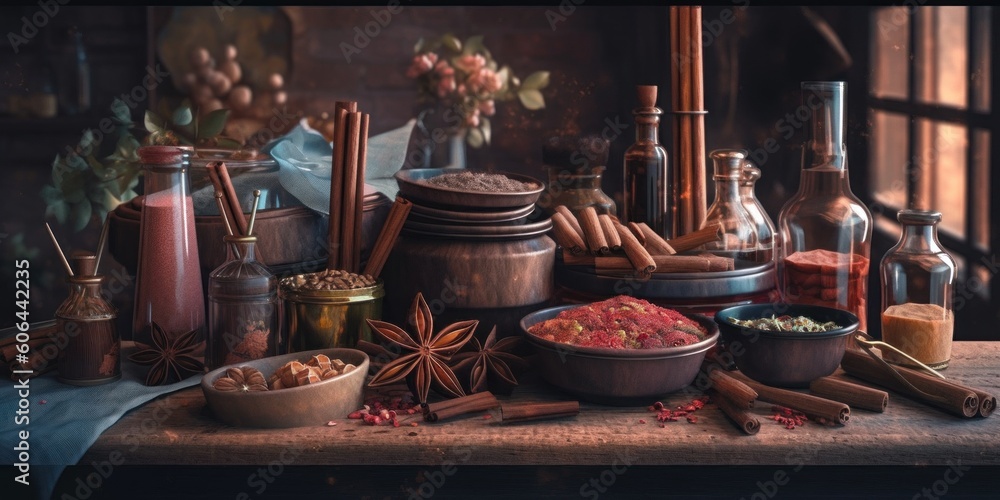 Poster a table topped with bowls of food and spices. generative ai image.