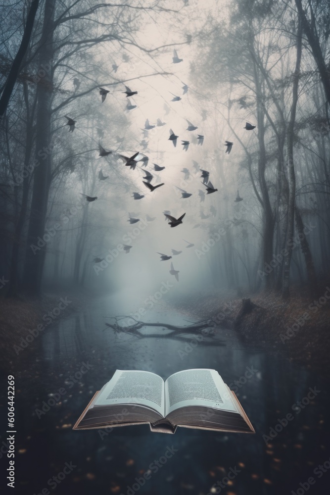 Poster an open book sitting on top of a table in the middle of a forest. generative ai image.
