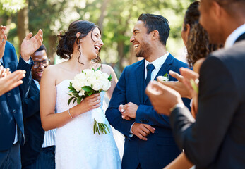 Wedding ceremony, couple and people clapping hands in celebration of love, romance and union....
