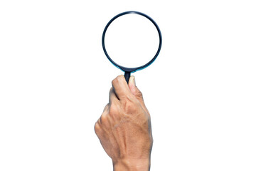 hand holding a magnifying glass isolated on white background, Clipping path