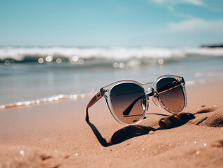 Fototapeta na wymiar Sunglasses lying on the sand at the beach, free tourism concept