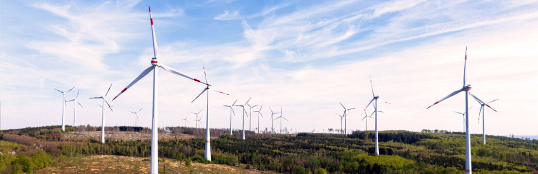 a big modern wind turbine park panorama