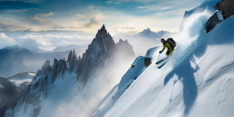Extreme skier in snowy mountain. Generative AI - obrazy, fototapety, plakaty