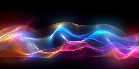 abstrakter bunter Neon Hintergrund mit leuchtenden Neon wellen Linien . Technologie-Tapete mit KI erstellt  - obrazy, fototapety, plakaty