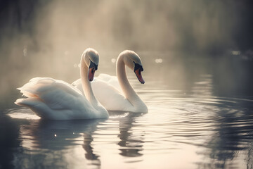Naklejka na ściany i meble swans swimming on the water in nature. Neural network AI generated