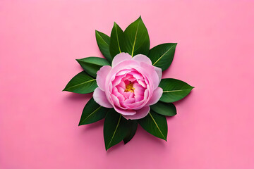 Top view, Pink peony head on pink background, flat lay