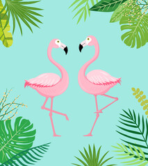 Flamingo and tropical plants illustration, 플라밍고와 열대 식물 일러스트