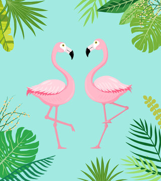 Flamingo and tropical plants illustration, 플라밍고와 열대 식물 일러스트 © hwikyung