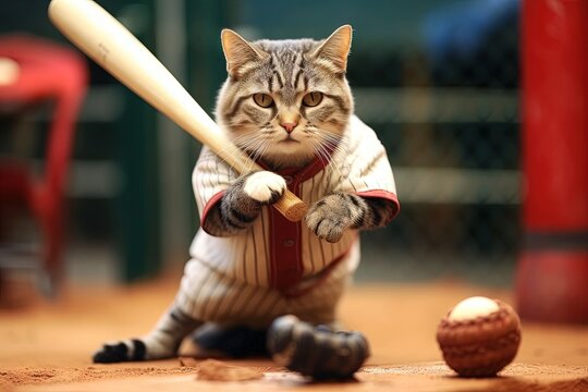 cat playing baseball sport illustration illustration generative ai
