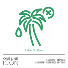 Vegan Diet Fitness and Healthy Nutrition Edition of One Line Icon Series - Palm Tree and Oil Drop with Cross Sign as Palm Oil Free Flat Outline Stroke Style Symbol - Pictogram Graphic Design