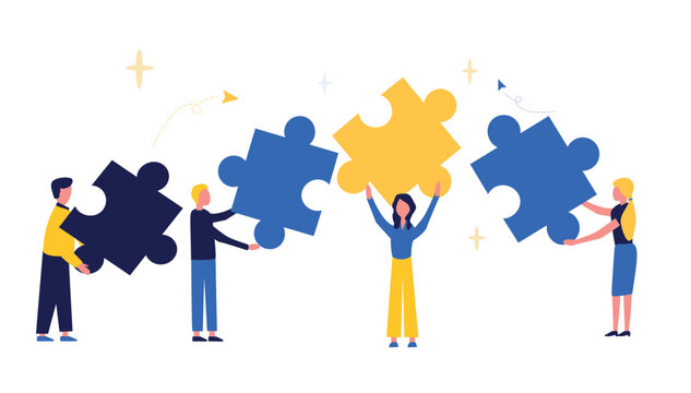 Business concept. Team metaphor. People connect puzzle elements. Flat illustration in flat design style. Teamwork, collaboration, partnership. Businessmen working together and moving towards success.