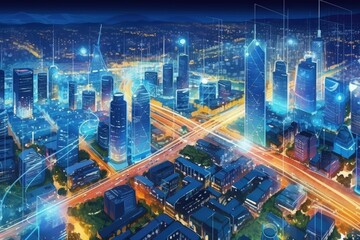 Plakat City network, technology, cyberspace, wireless communication connection concept . Generative AI