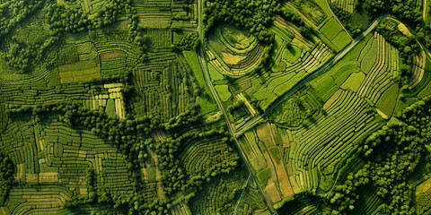 Fototapeta premium Aerial drone view of the endless green fields and hills of the countryside. Generative AI 
