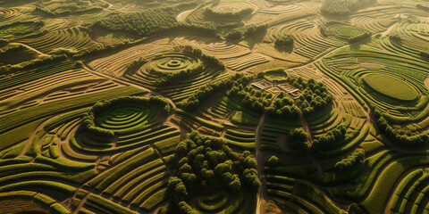 Aerial drone view of the endless green fields and hills of the countryside. Generative AI	