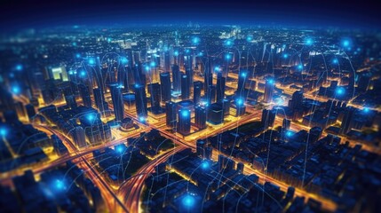 Fototapeta na wymiar City network, technology, cyberspace, wireless communication connection concept . Generative AI