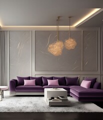 modern living room with sofa textured wall, modern pendant light, purple couch, coffee table