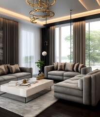 living room interior cozy luxury design coffee table large windows, dark wooden floor, comfortable apartment design for you !