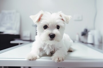 White yorkshire terrier in the clinic on the veterinary table for examination. Generative AI