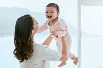 Baby laugh, portrait and mom in a home with newborn, care and parent love together with fun. Face, family and young child with mother back in a living room in house with mama and childcare in lounge