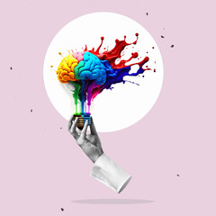 Liquid Color design background fly out of the light bulb with human brain as a idea colorful brain splash Brainstorm and inspire concept. © Igor