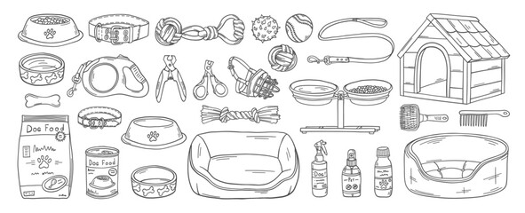 Pet shop doodles set. Dog care products. Veterinary accessories. Dog food bowl. Pet supplies. Puppy toys and treats. Dog collar, leash, muzzle. Grooming supplies. Kennel.