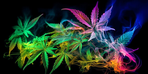 cannabis ganja marijuana leaves with smoke and colored neon light on black background close-up. Generative AI
