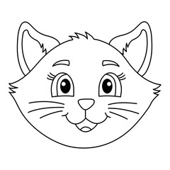 Smiling Cute Cat Outline Design On White Background. Kitty Face Cartoon Vector Illustration. Cat Coloring Page. Kitten Head Contour Silhouette. Design For T-shirt Graphics, Fashion Prints