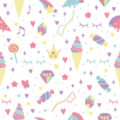 Seamless background with hearts, rainbows, stars, diamonds, crowns. Creative background for nursery. Perfect for kids design, fabric, packaging, wallpaper, textile, apparel.