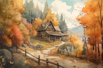 Abandoned wooden house in the summer forest. Watercolor painting , generate ai