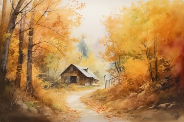 Abandoned wooden house in the summer forest. Watercolor painting , generate ai