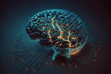 human brain. glowing yellow, blue lines. neural connections. artificial intelligence, cyberspace. AI Generative