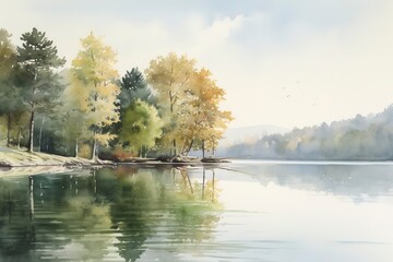Beautiful watercolor autumn landscape with lush colorful autumnal trees on the shore of calm forest lake or pond at sunny fall day. Digital art painting from my own 3D rendering file , generate ai