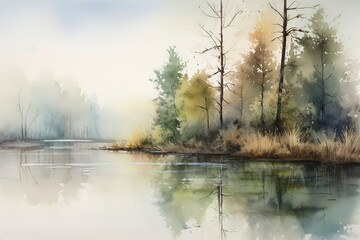 Naklejka na ściany i meble Beautiful watercolor autumn landscape with lush colorful autumnal trees on the shore of calm forest lake or pond at sunny fall day. Digital art painting from my own 3D rendering file , generate ai