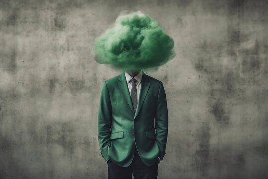 a cloud near the head of a man in a green business suit. art, minimalism, dark sky. surreal art. AI generative